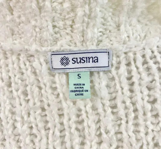 Susina New Fluffy Boucle Knit Sweater V-Neck Long Sleeve Pullover White Snow