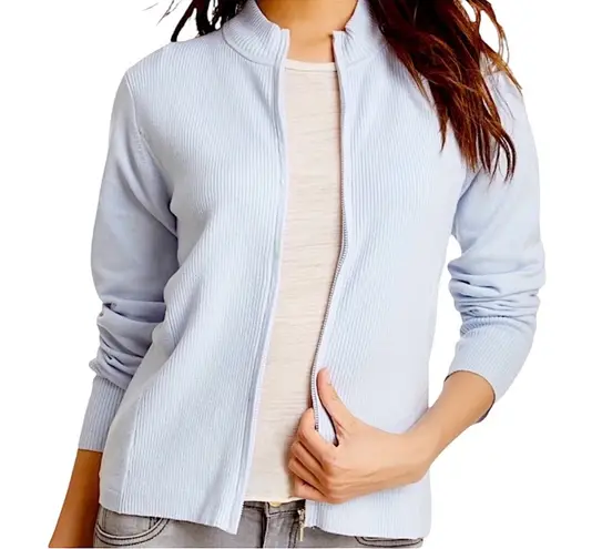 Shu Shu Anthropologie Blue Zip Up Cardigan Sweater Ribbed Knit Long Sleeve Large