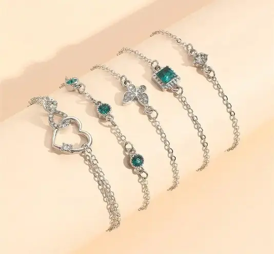 NEW 5pcs Silver Bracelet Set – Green Rhinestone Heart, Butterfly & Infinity