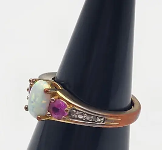 Kiran Jewelers Gold Tone White Fire Opal, Pink Topaz, & Diamond Ring (7)