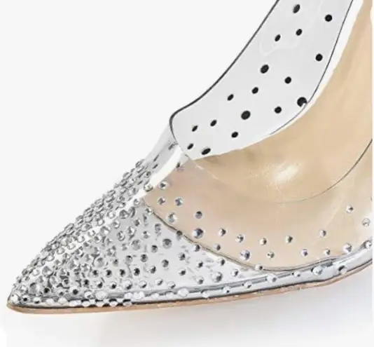Miluoro High Heel Women's Pointed Toe Crystal Rhinestone Transparent Shoes Silver Size 10