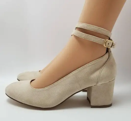 London Rebel Ankle Strap Womens Block Heels Shoes Beige Size EUR 39