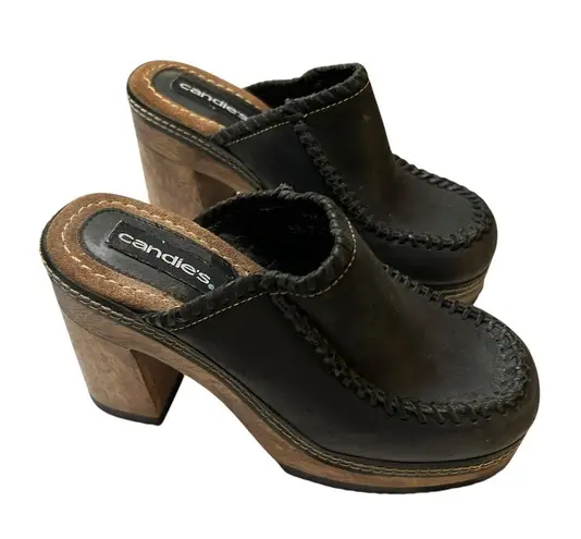 Candie's ⭐️ Vintage Candie’s Black Leather Clogs Made in Brazil - Y2K Chunky Wooden Heels