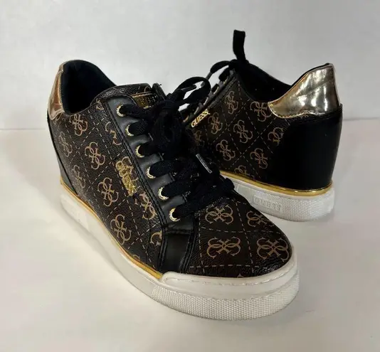 Guess  GW Flowurs Wedge Sneakers in Brown and Metallic Gold Multi 8.5M