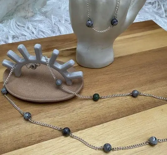 New Handcrafted Tin Cup Black Flash Agate Necklace and Bracelet Jewelry Set Silver