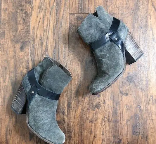 Coclico • suede ankle boots grey leather harness strap stacked high heel bootie Size 7.5