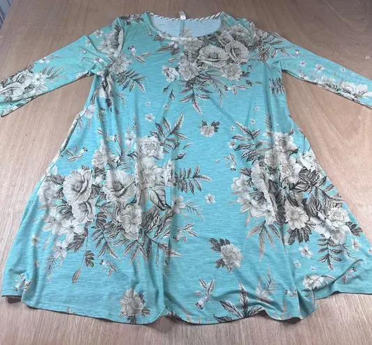 Paisley Grace Floral A-Line Dress XL Teal Beige Stretchy Knit 3/4 Sleeve