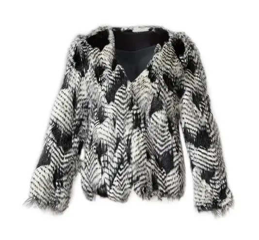 Trina Turk  Dark Room Black White Feather Pattern Faux Fur Jacket Coat Size M - Image 1