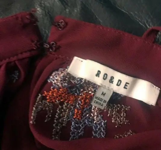Ro & De Womens Off the Shoulder Peasant Embroidered Sheer Blouse Burgundy Sz M