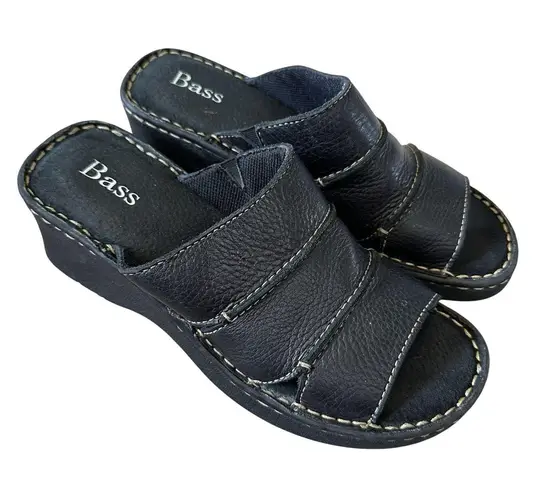 Bass Black Leather Sandals Slide Wedge Heels Womens Size 8 Y2K Chunky