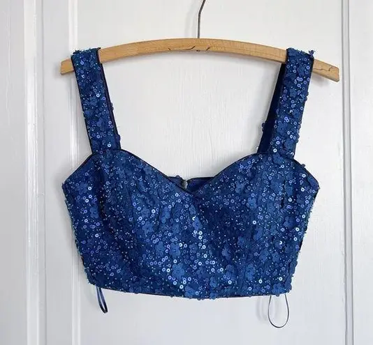 Dress the Population • beaded crop top midnight blue floral applique bustier