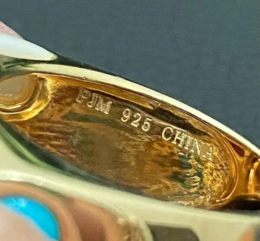 PJM 925 Gold Over Sterling CZ Turquoise Carnelian Gem Flower Design Ring Size 6