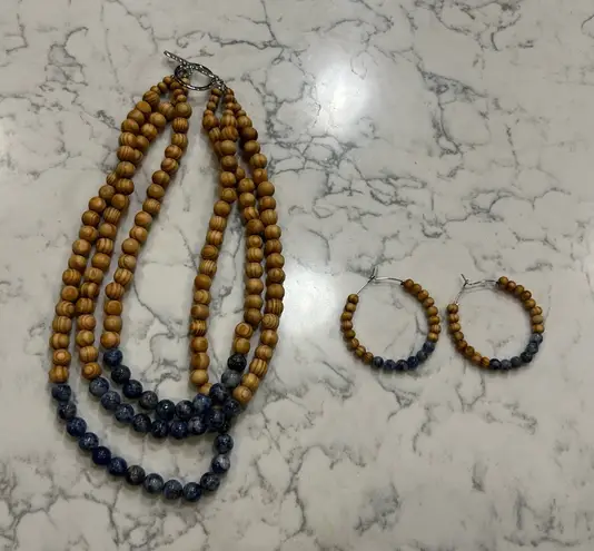 Beaded Brown & Blue Layered Necklace and Earrings Set Tan