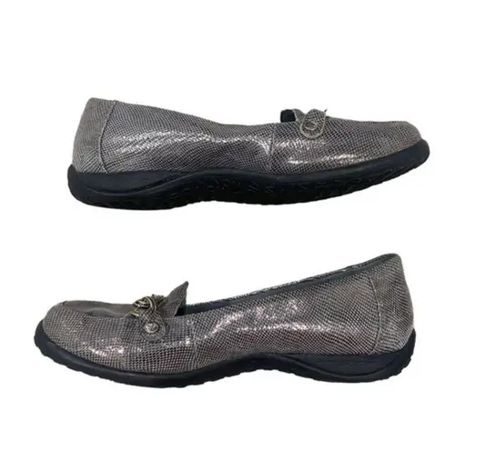 Vionic  Alda Metallic‎ Lizard Pewter Leather Chained Toe Loafer Flat Size 7