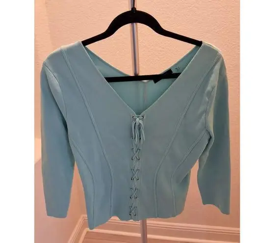 Cyrus Ribbed Light Aqua Teal 3/4 Sleeve Corset Lace Up Size M Womens Y2K Top