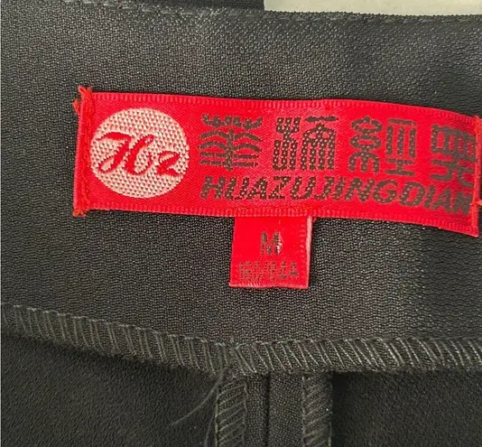 Asian inspired vintage flare pants embroidery peekaboo pleats black size medium