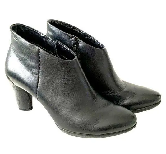 Ecco Sculptured 75 Low Cut Black Leather Ankle Booties 38 Side Zip Block Heel Size 7