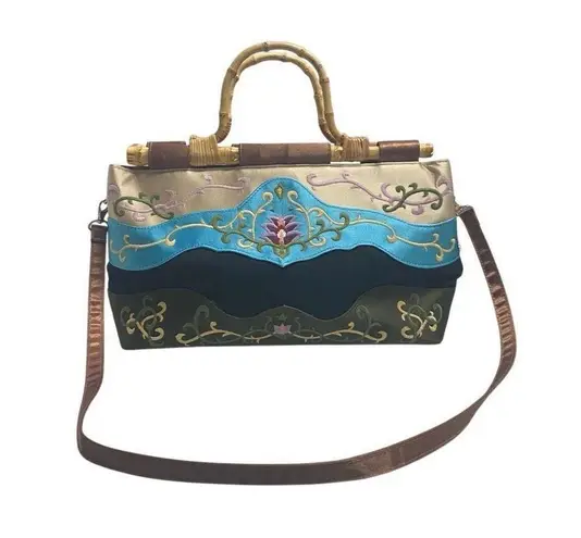 Preston & York Embroidered Satin Fabric Handbag With Bamboo Handles Shoulder Tot