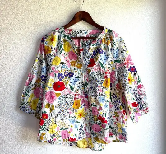 AVARA Womens Shirt Blouse White Multicolor Floral 3/4 Sleeve Size Large