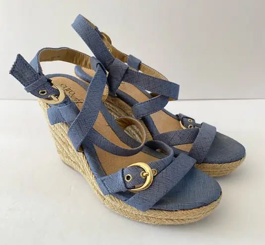 Eurosoft by Sofft Stacked Wedge Espadrille Blue Strappy Sandals Size 8