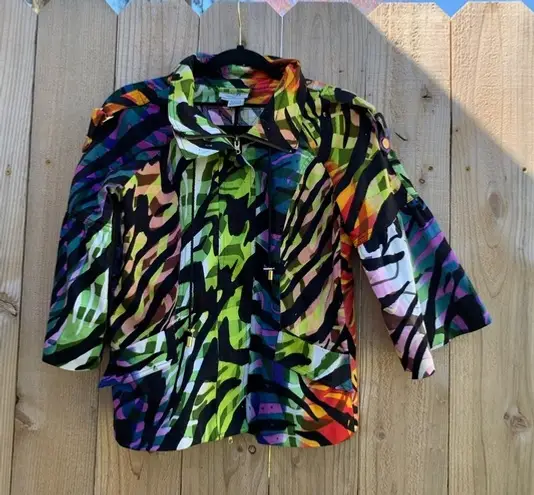 Just Be Just B Rainbow Tiger Stripe Jacket Womens Medium Flared 3/4 Sleeve Full Zip