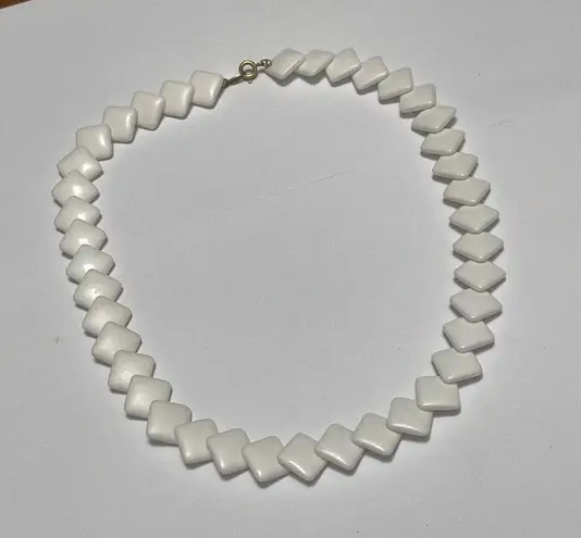 Trifari Signed White Plastic Beads Necklace Gold Tone Clasp