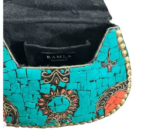 Ramla Handmade Moroccan Turquoise Tile Mosaic Clutch Crossbody with Gold Chain Blue