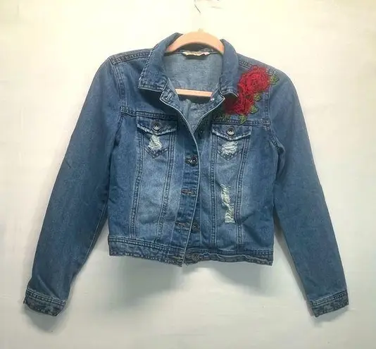 Highway Jeans DISTRESSED DENIM JACKET SZ S WITH EMBROIDERED ROSES FRONT/BACK