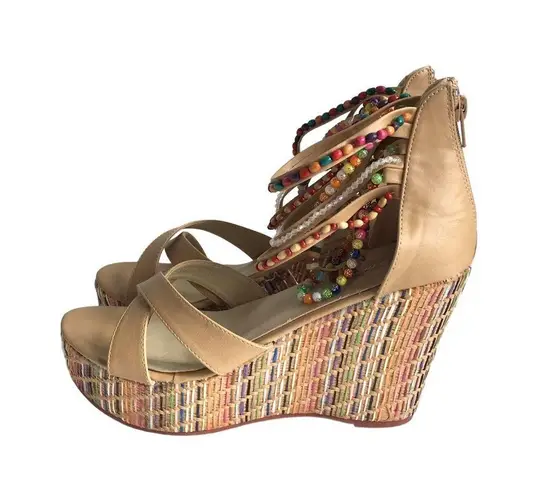 🆕Getmorebeauty Tan Ankle Beaded Strap Detailing Platform Wedge Sandals Size 9