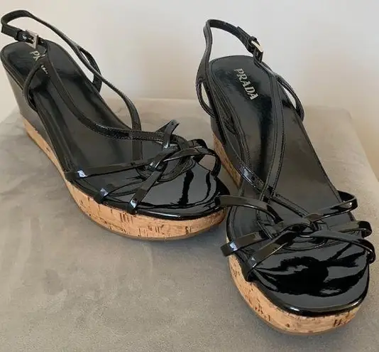 Prada Slingback Black Cork Wedge Sandals