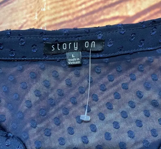 Story On Women’s Long Sleeve Sheer Button Down Blouse Navy Size Large