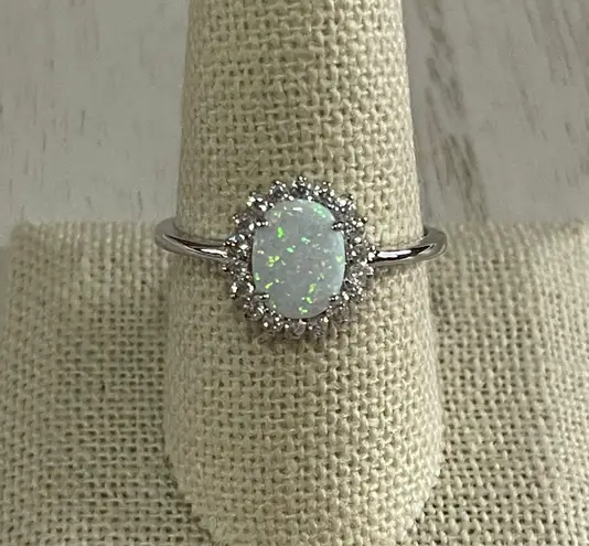 Sterling Silver Oval White Opal CZ Ring Size 10