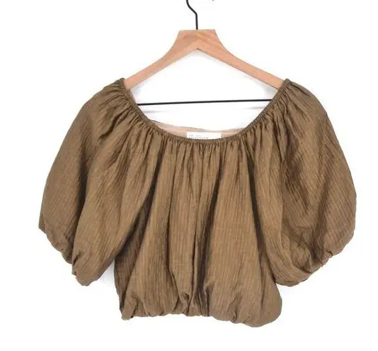 Oak + Fort Textured Puff Sleeve Crop Top Off The Shoulder Brown Women's S
