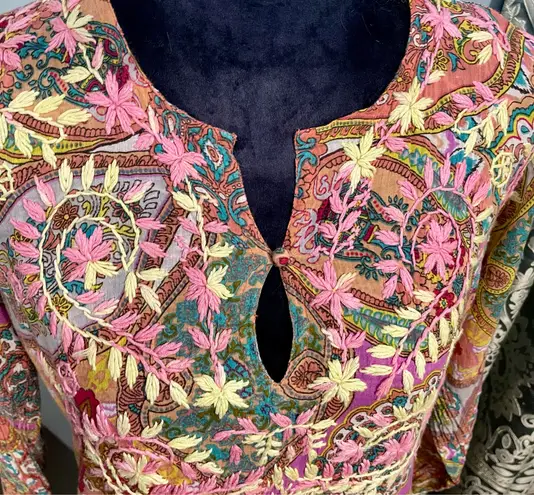 Raj 100% Cotton SzL Ladies Pink Boho Hippie Tunic Top Swim Cover Embroidered