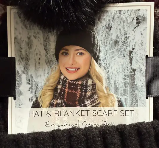 Emanuel Geraldo Hat & Blanket Scarf Set Black Pom Beanie Burgundy Plaid Wrap New