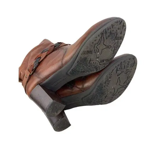 Pikolinos * Heeled Ankle Booties Womens Size 40 Brown Leather Zip Braided Strap