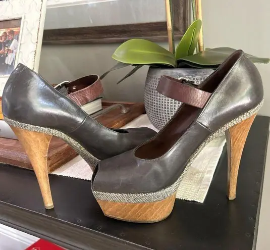 Marni Peep Toe Mary Jane Platform Pump Gray Brown Womens Size 7
