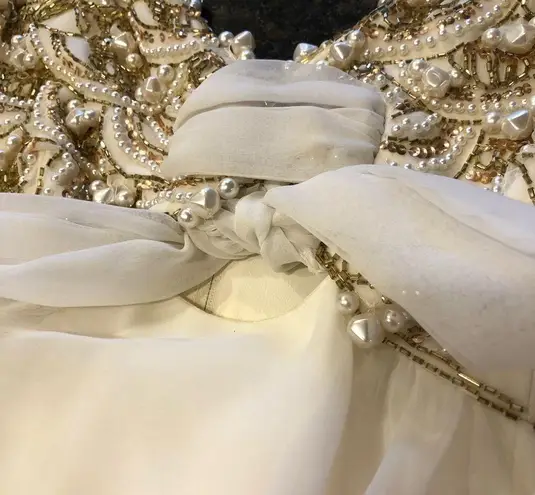 70’s Cream Beaded Sheer Layers Maxi Dress Wedding Gown Long Sleeve Pearls Sequin Size M