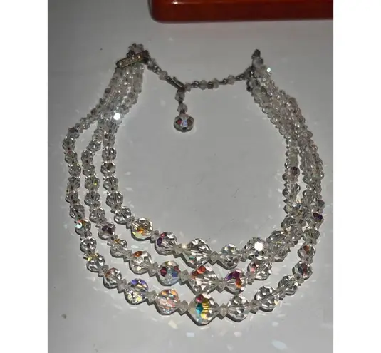 Vintage 50's Triple Strand Aurora Borealis Glass Bead Necklace Faceted Beads Silver