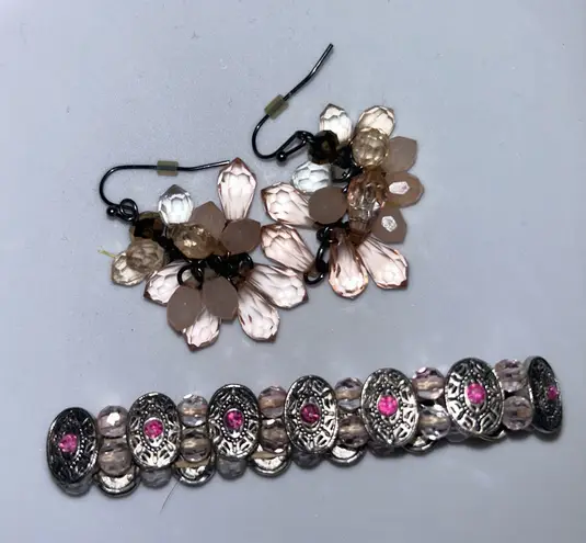 Beaded Flower Earrings Bracelet Set Pink Rhinestone Stretch Boho Jewelry