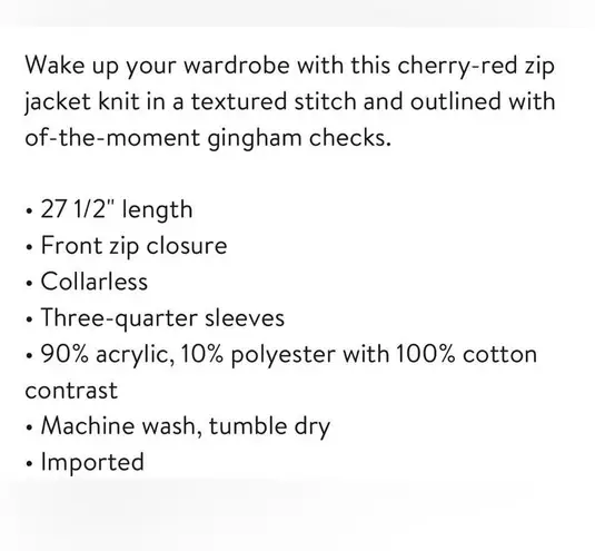 Ming Wang Poppy Red Gingham Trim Zip Front Long Sweater Jacket Womens S new nwt