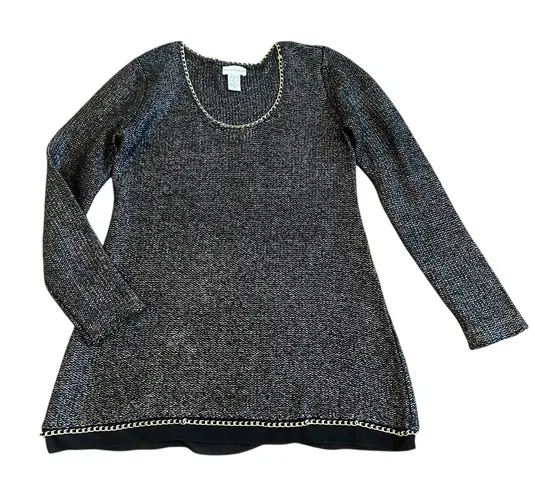 Soft Surroundings Black Grey Wool Blend Pullover Sweater Gold Chain Size Medium - Image 1