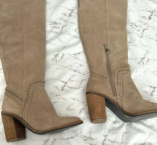 Vince Camuto Leather Suede Madolee Western Over Knee Boots 7 Taupe Tan Cowboy