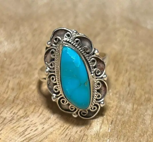 Sterling Silver Long Blue Turquoise and Filigree 925  Ring