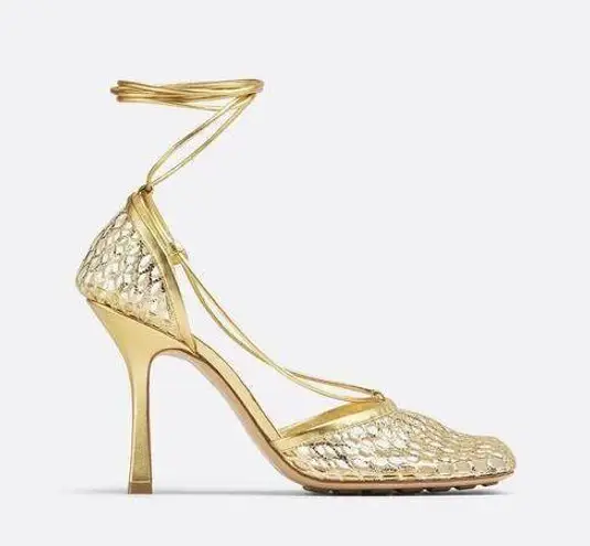 Bottega Veneta Stretch Lace-Up Sandal Metallized mesh and leather sandals