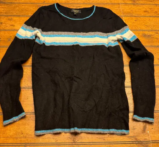 Charter Club Luxury 100% Cashmere Sweater Black Blue Stripe Crew Women's Small