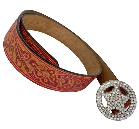 Western Embellished Star Bling Tooled Bonded Leather Belt Sz Large Red