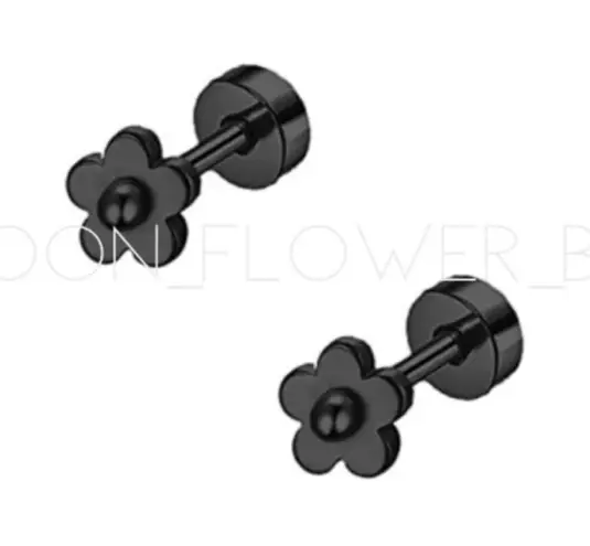 Tiny Black Retro Flower Flat Back Earrings