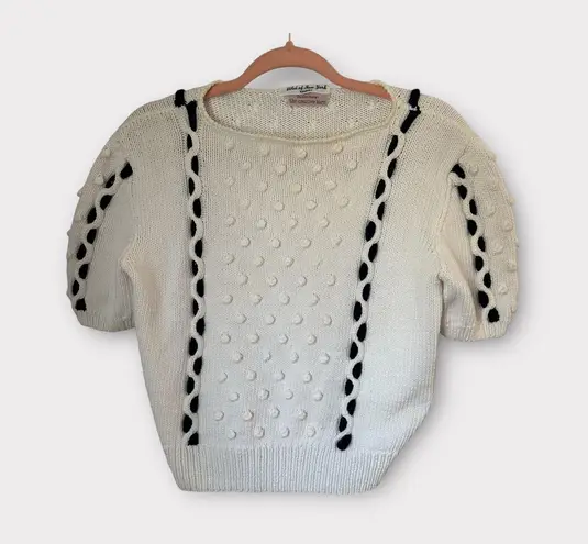 Vintage Hand Knit French Girl Preppy Coastal Short Sleeve Sweater With Pom Poms White