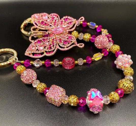 Handmade đź©·Luxury Bag/Phone Chain Charm/Keychain Pink Rhinestone Butterfly Crystal Beads